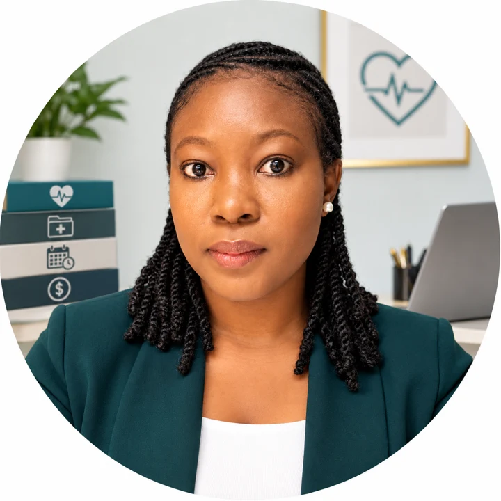 Uche, remote healthcare administrator, in a teal blazer at her desk